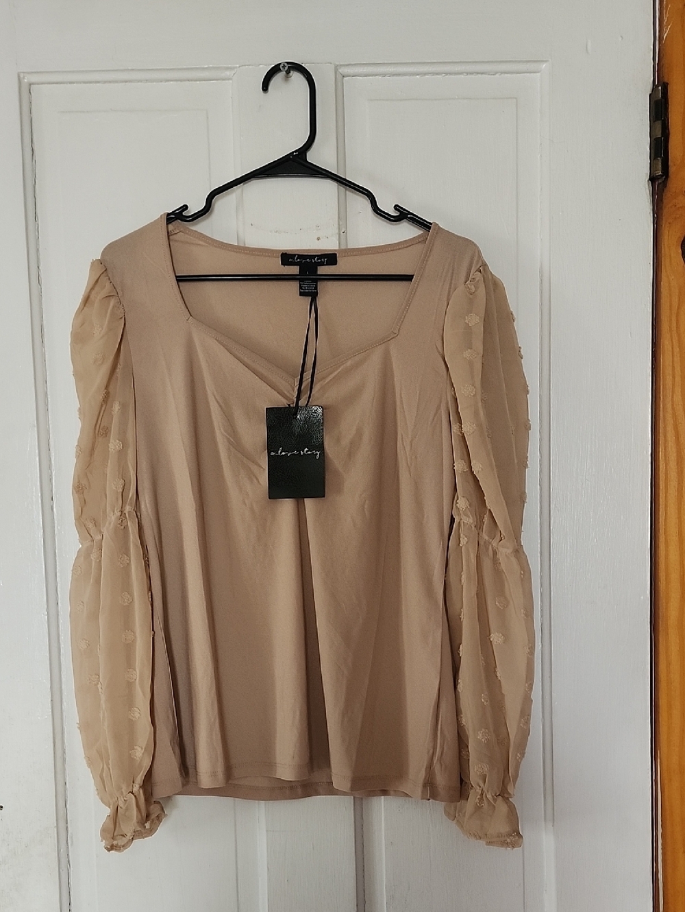 Women's Sheer Puff-Sleeve Blouse in Light Beige